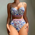 Blue women's high waist push-up bikini swimsuit with polyester fabric
