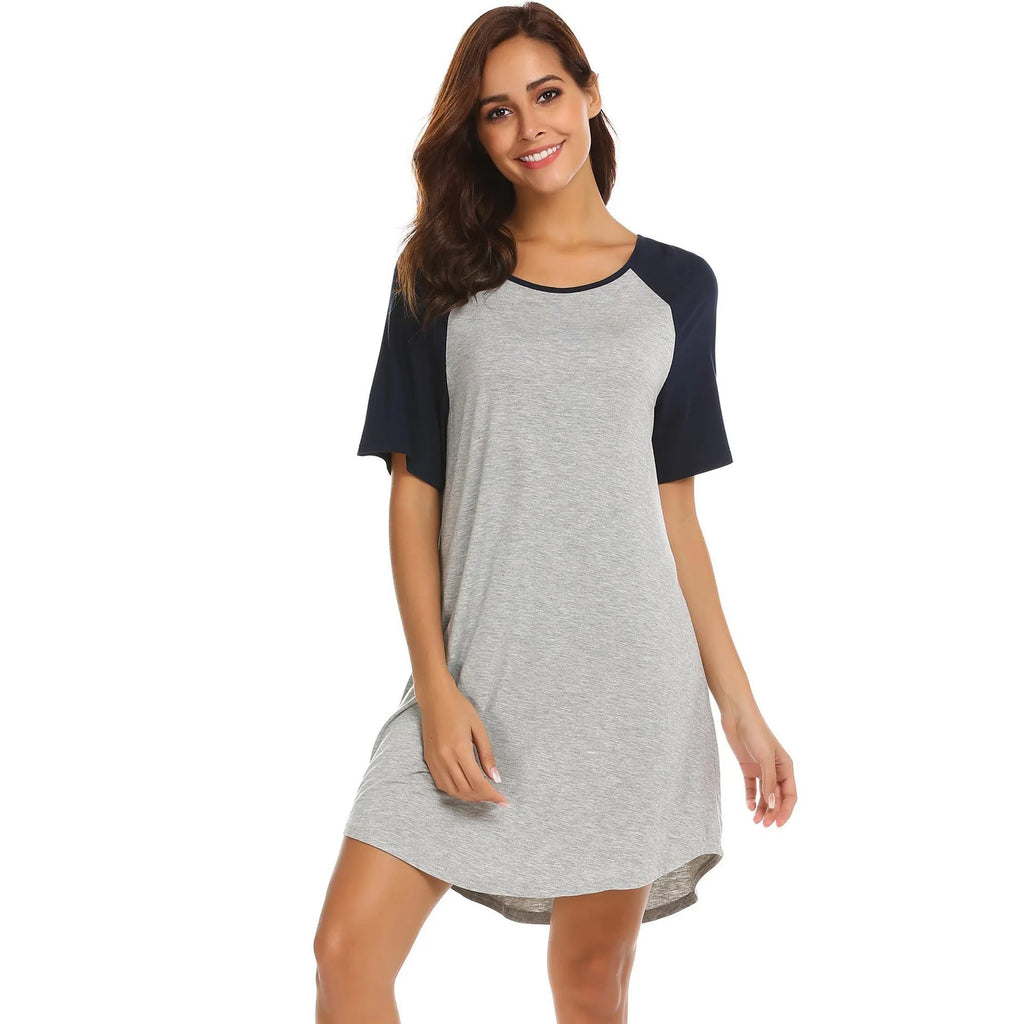 Women's colour contrast patchwork nightdress with double brushed milk silk fabric in navy blue and black sleeve options