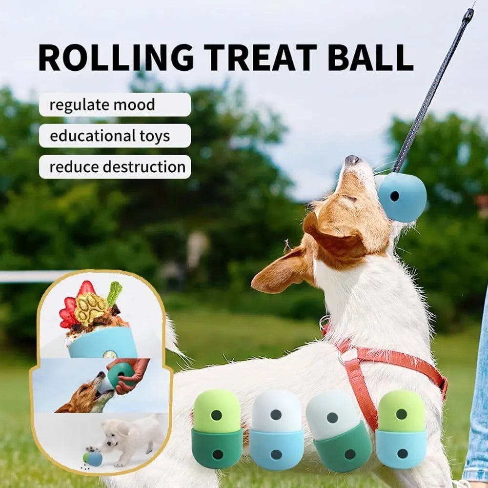 Two-tone silicone dog treat dispensing puzzle ball for small medium dogs on a wooden floor
