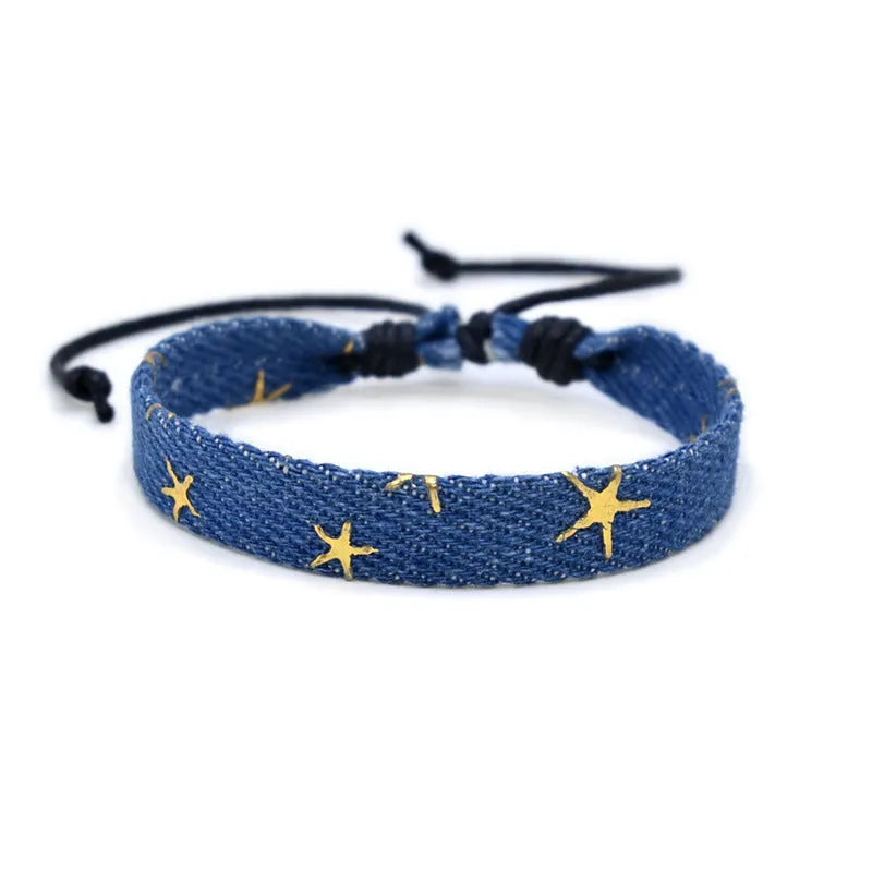 Denim fabric bracelet strap with leather adjustable cord in multiple colour options