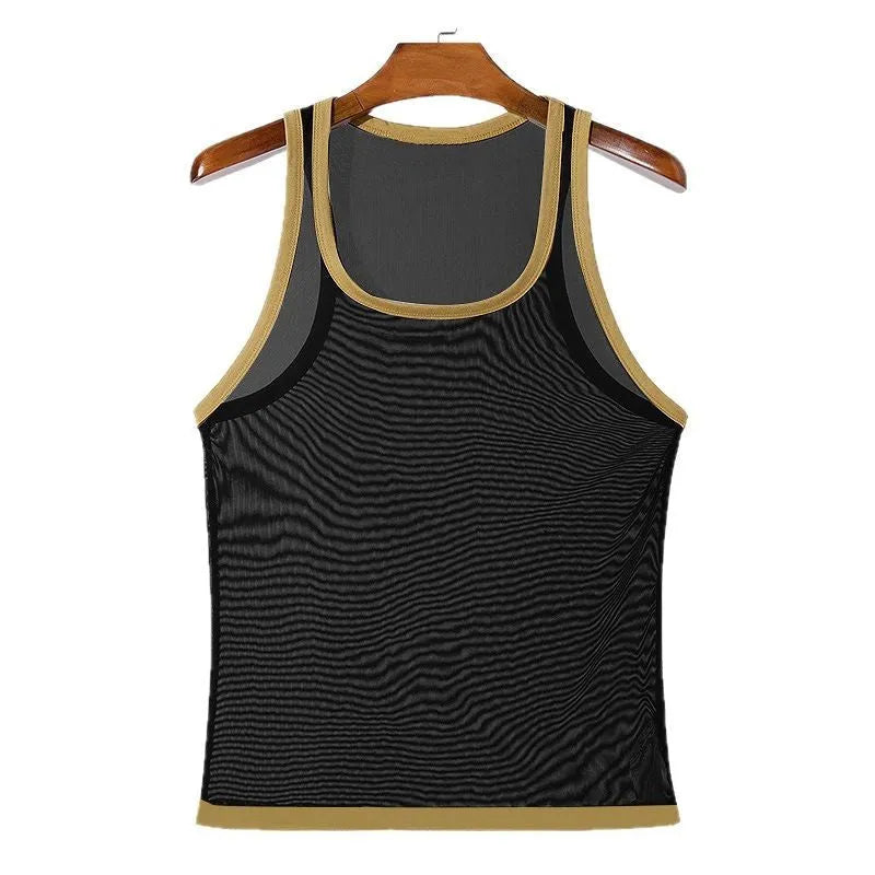 Men's black polyester mesh fitness vest with straight hem, shown on a model.
