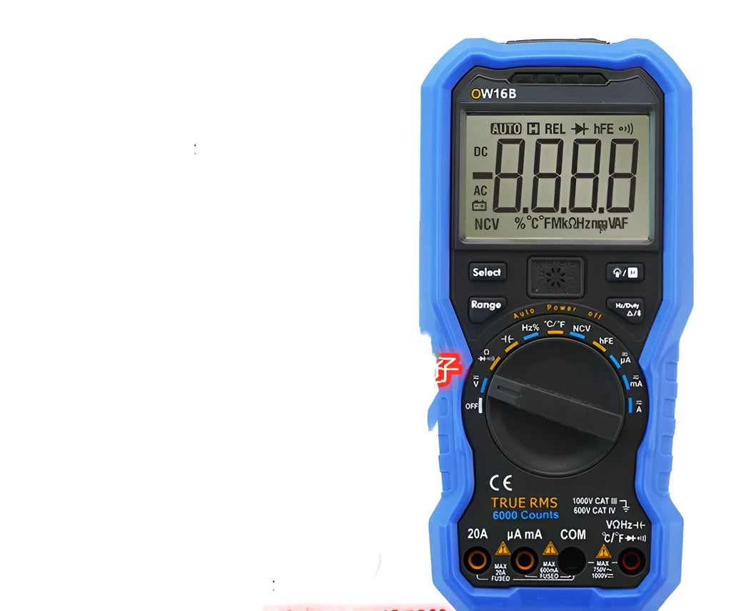 OW16B handheld digital multimeter with display, dial, and test leads for electrical measurement.