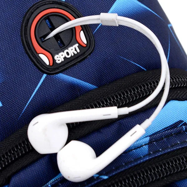 Men's blue Oxford cloth crossbody sling bag with earphone hole design showing zipper opening and letter print detail