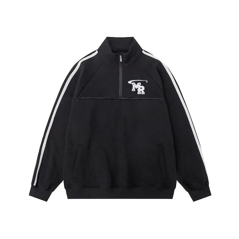 Black Hong Kong style stand collar hoodie for men, shown as a casual sports layer.
