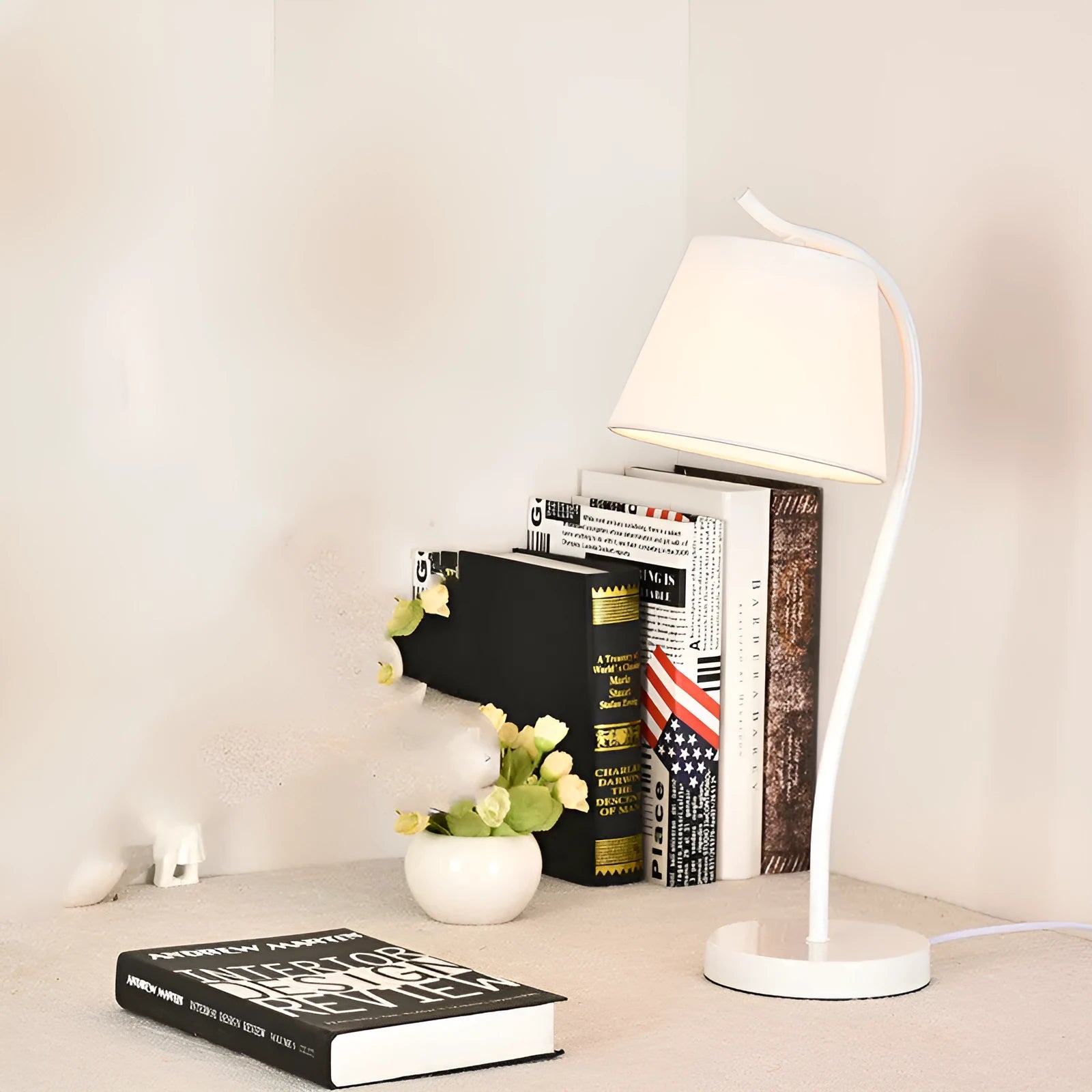 Nordic style desk lamp with dimmer switch in white finish on wooden desk