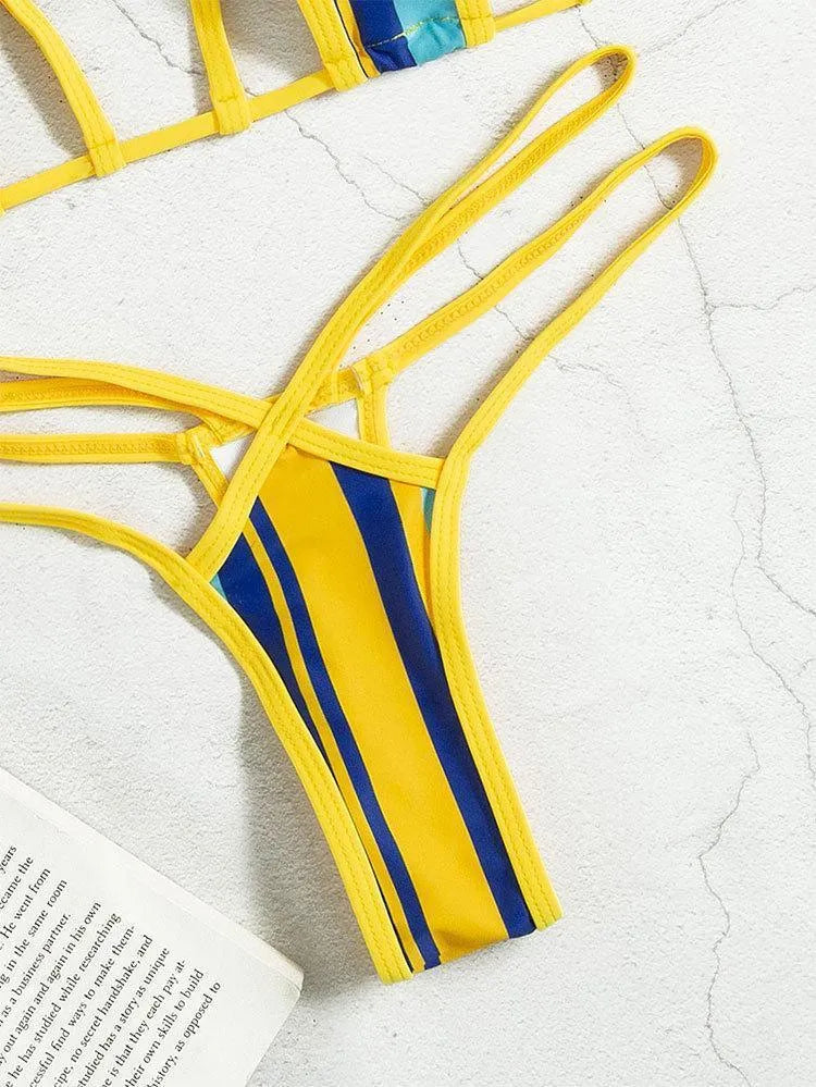 Yellow women's split swimsuit with neck-hanging style and hollow backless design