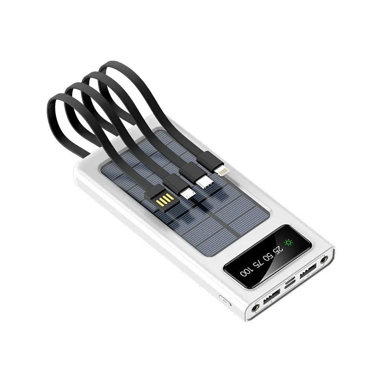 Solar power bank with integrated cables showing black plastic shell and solar panel