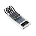 Solar power bank with integrated cables showing black plastic shell and solar panel