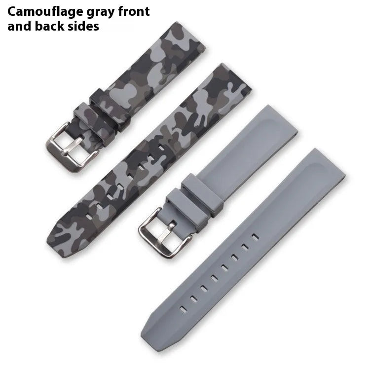 Green camouflage silicone watch strap showing flat head design and buckle, with 20mm 22mm 24mm size options.