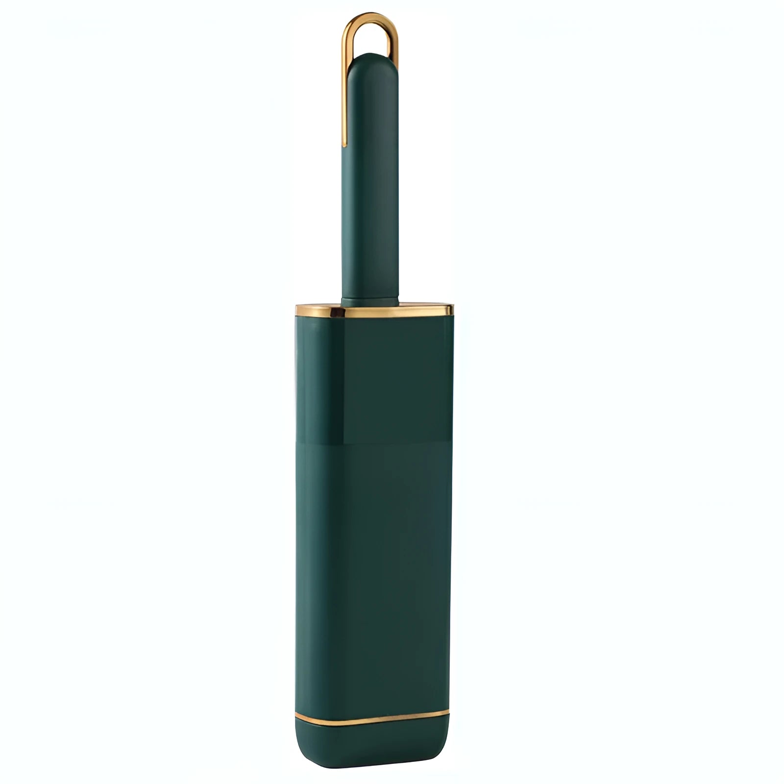 Blue reusable pet hair remover brush with a self-cleaning storage base on a fabric sofa.