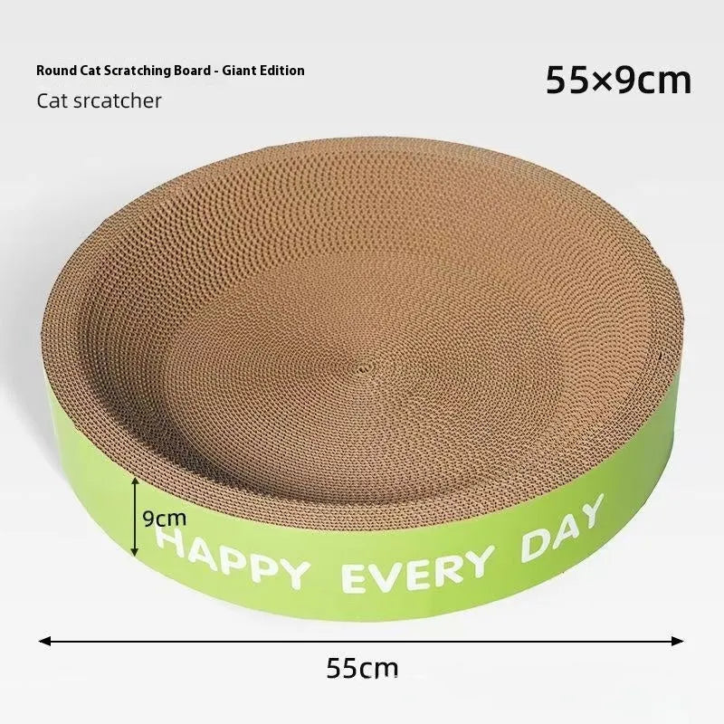 A green, round cat scratching board nest, shown in two size options: 50cm and 55cm diameter.