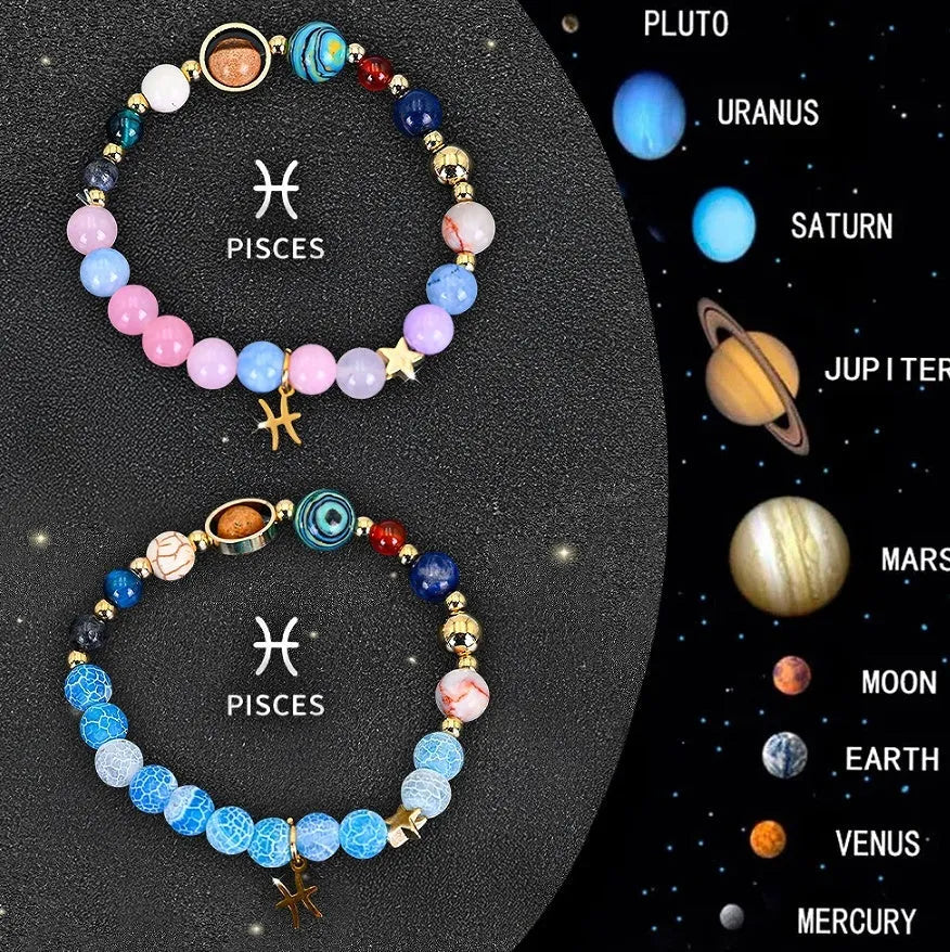 Set of twelve natural stone beaded bracelets with individual zodiac charms for each horoscope sign