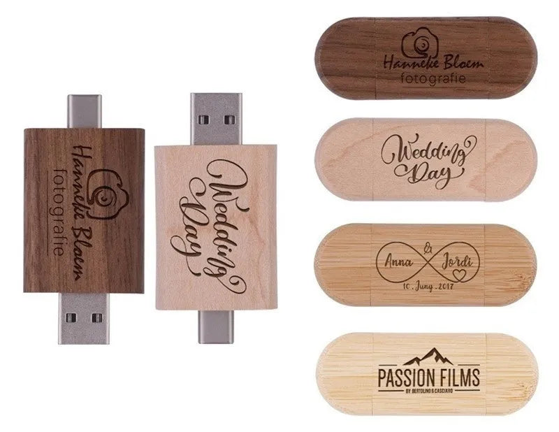 Maple wood carved USB flash drive with Type-C phone connector showing custom engraving