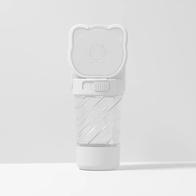 Green 3-in-1 portable pet water bottle with food container and waste bag dispenser showing rotary switch