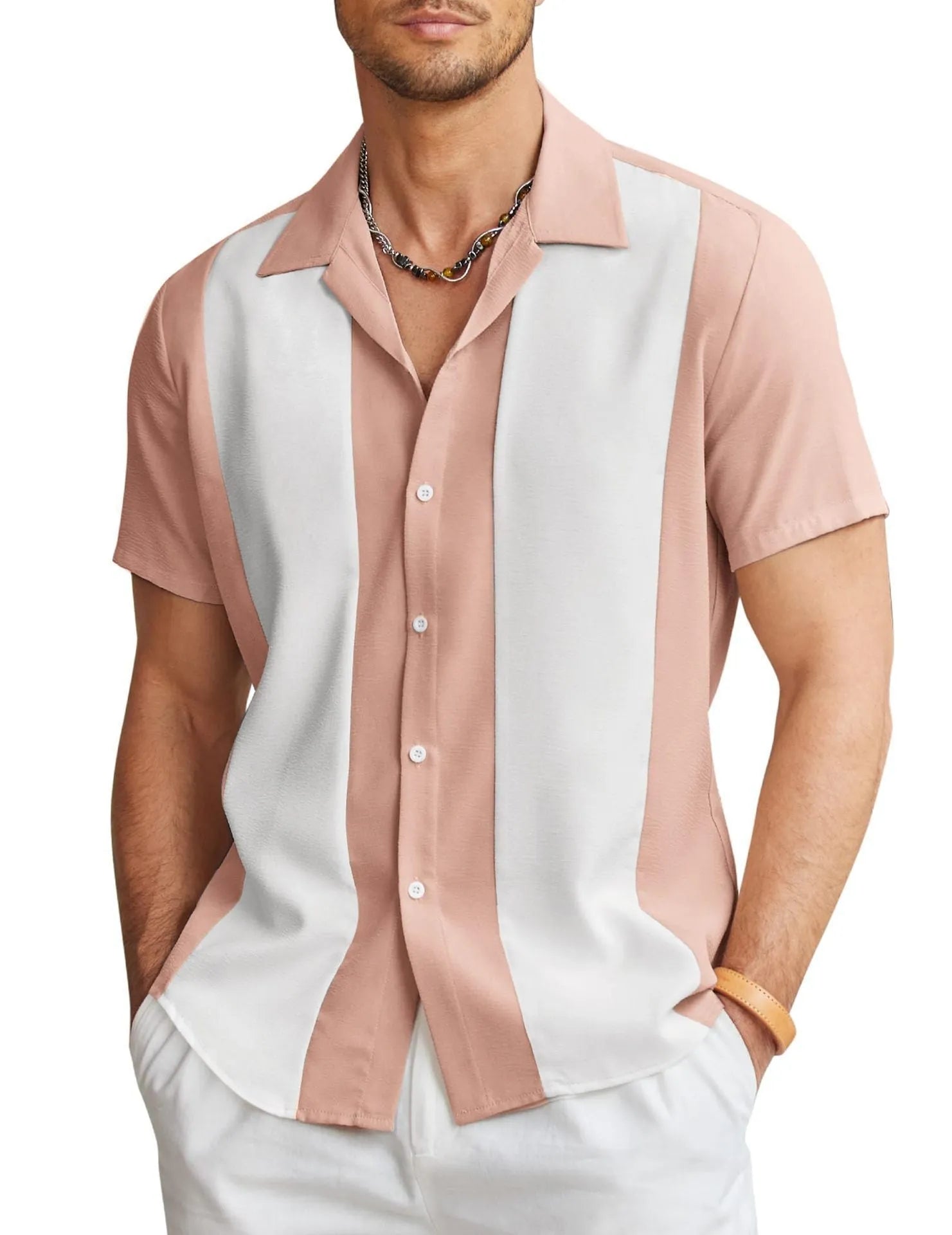 Men's slim fit Hawaiian shirt with digital printed pattern on four-way elastic polyester fabric
