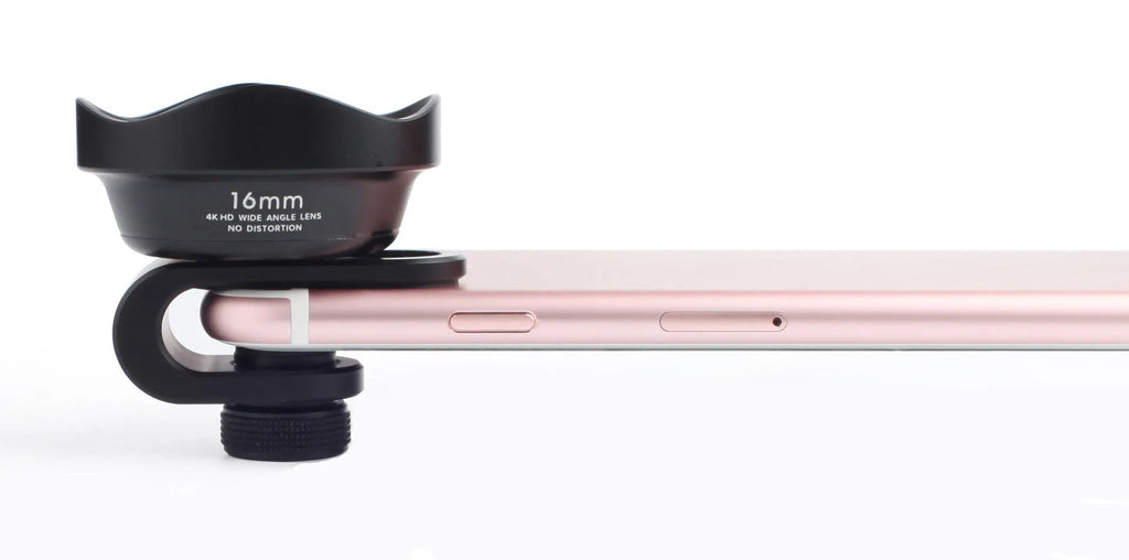 16mm wide angle external SLR lens with aluminium U-clamp on smartphone, 0.5x magnification