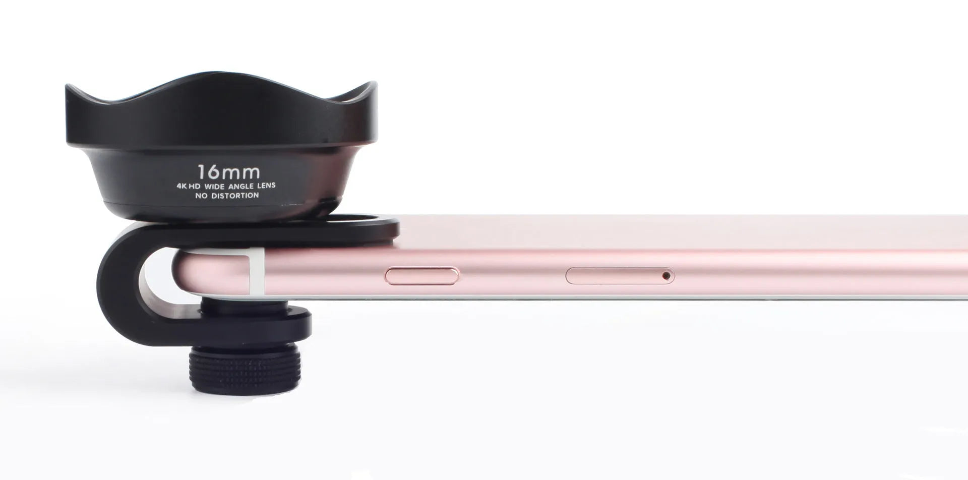 16mm wide angle external SLR lens with aluminium U-clamp on smartphone, 0.5x magnification
