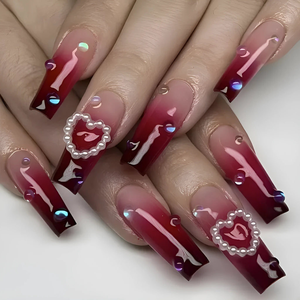 Wine red gradient plaid false nail tips with long ballet style and jelly glue system