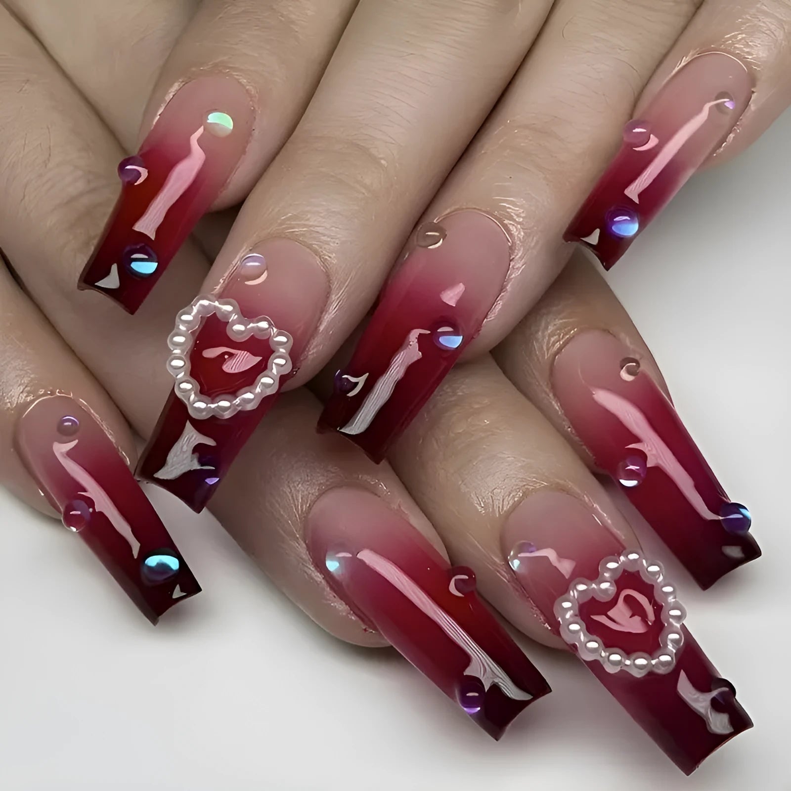 Wine red gradient plaid false nail tips with long ballet style and jelly glue system