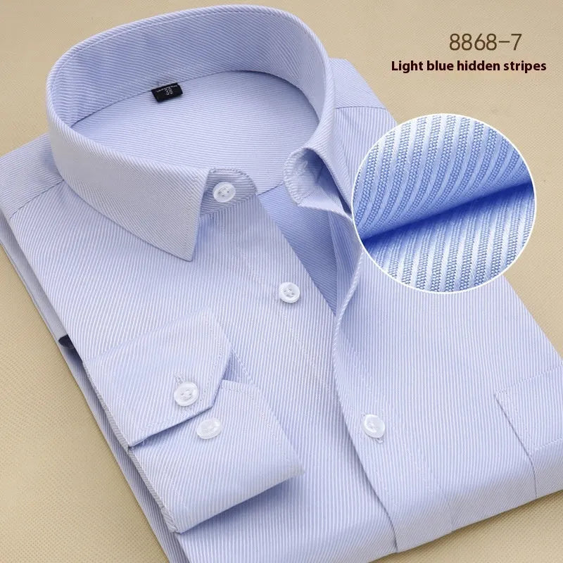 Men's black long sleeve cotton business shirt with a regular slim fit on a hanger.