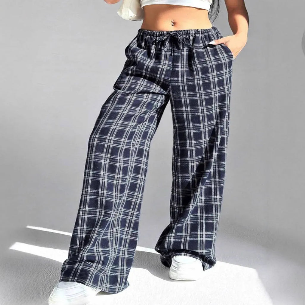 Women's loose fit plaid trousers with elastic drawstring waist and side patch pockets