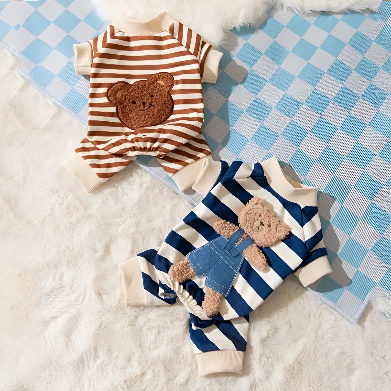 Blue striped bear four-legged pet pyjamas on a small dog with pullover round neck and long sleeves