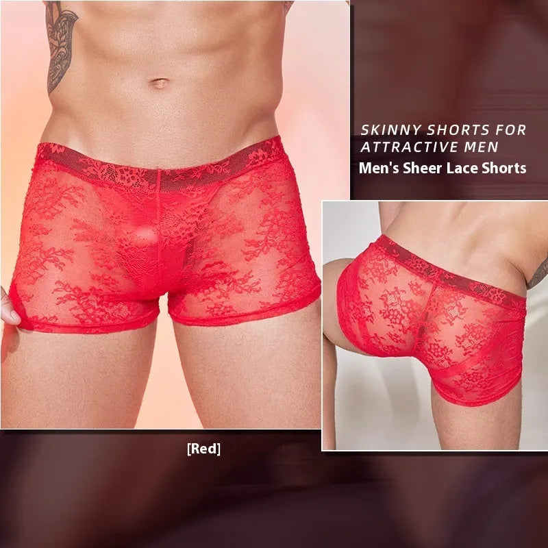 Men's black boxers with lace design detail on a hanger