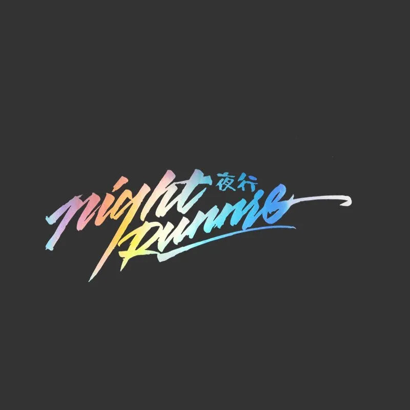 Nightwalker car decal sticker for rear windshield in black, colourful, or pink, showing text example on 20x7.5cm or 32x7.5cm size.