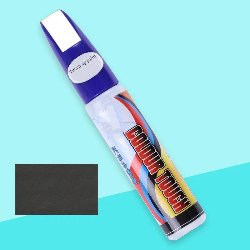 Automotive paint repair pen kit with touch-up fluid, scratch wax, sponge, and sandpaper.