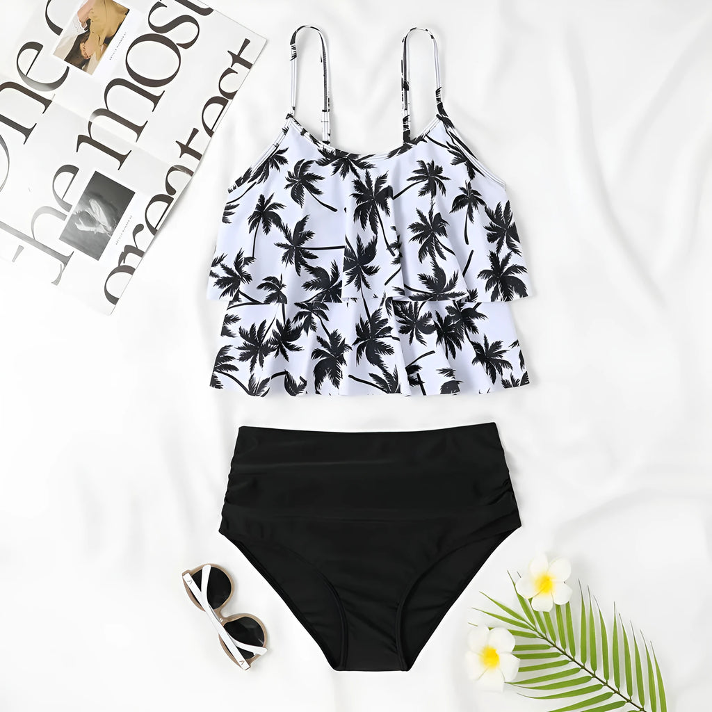 Women's high-waisted double-layer swimsuit with coconut tree floral pattern and solid black options