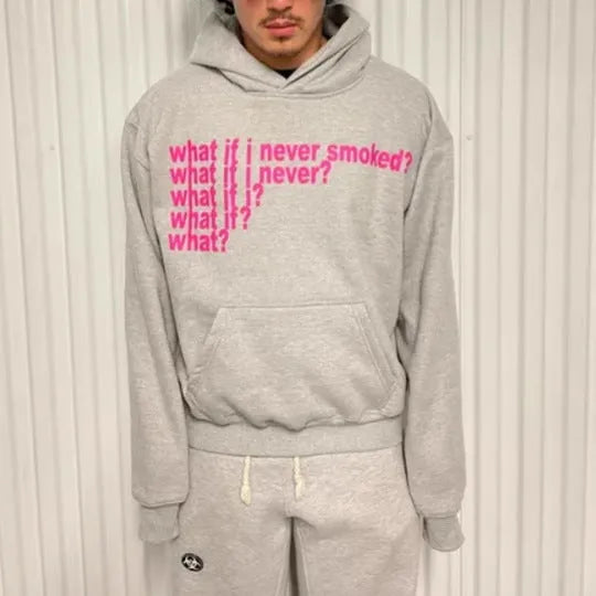 Black hooded sweater with white letter print design on front, showing pullover style with regular sleeves