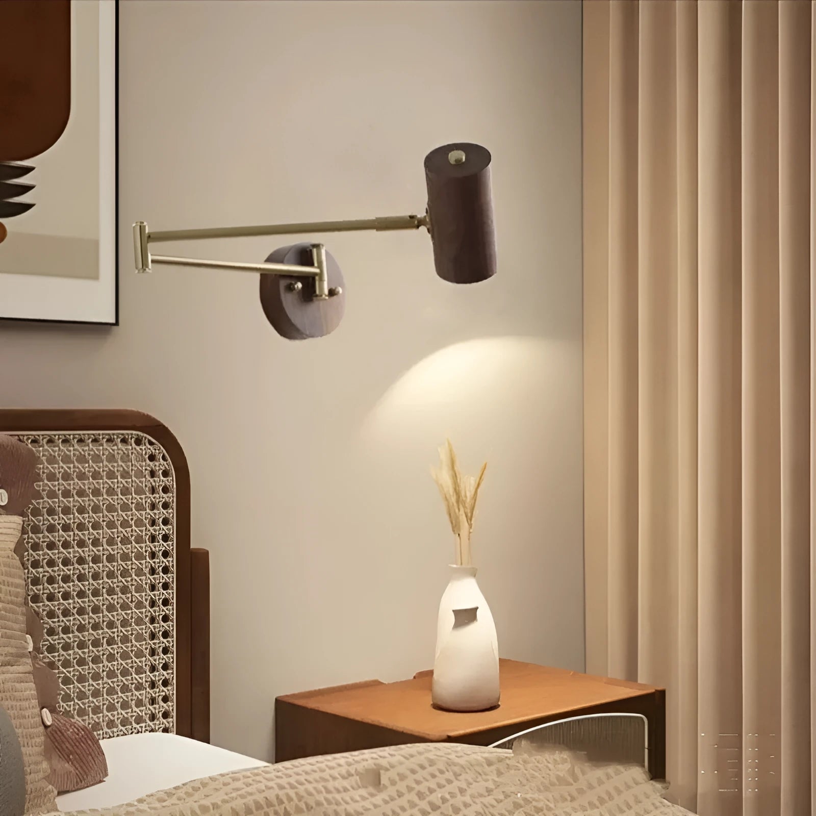 Retro rotating wall lamp with long arm and integrated switch in walnut or wood colour finish