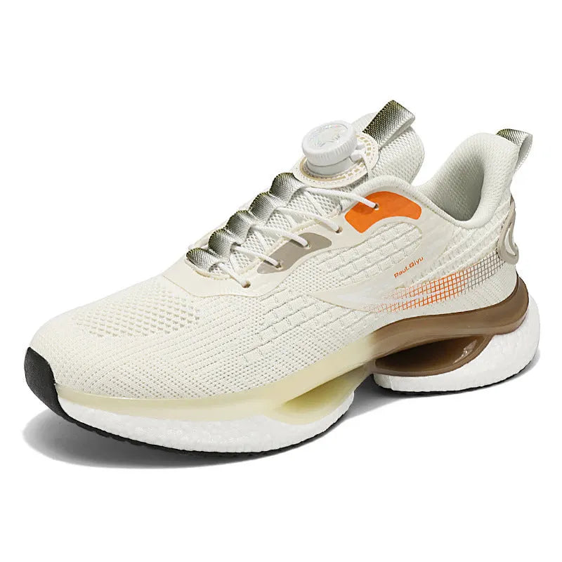 Rotating button buckle running shoes in solid colour with fly-knit mesh upper and TPU sole
