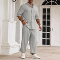 Men's cotton linen casual set with short-sleeve shirt and matching trousers in apricot colour