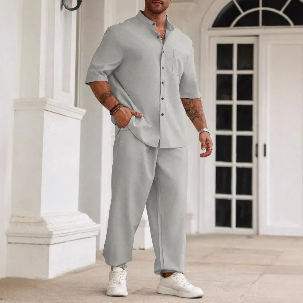 Men's cotton linen casual set with short-sleeve shirt and matching trousers in apricot colour