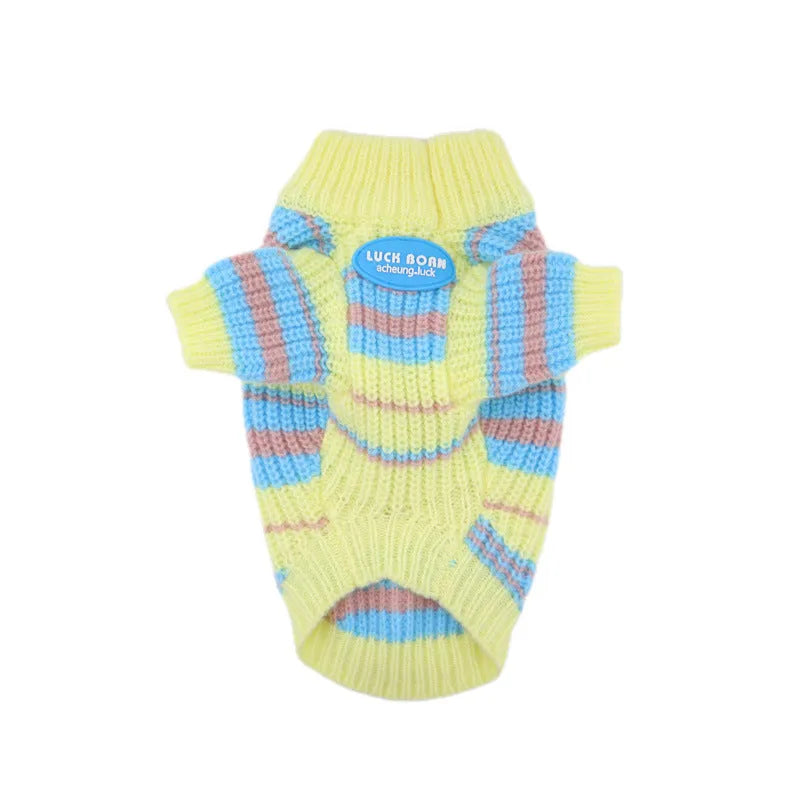 Blue and yellow striped wool dog sweater for small breeds like Schnauzer and Bichon