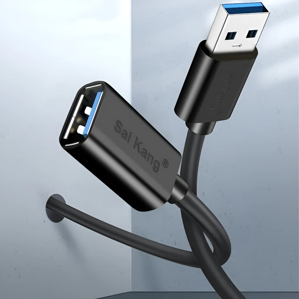Black USB extension cable with male and female connectors showing length options from 1 to 5 metres