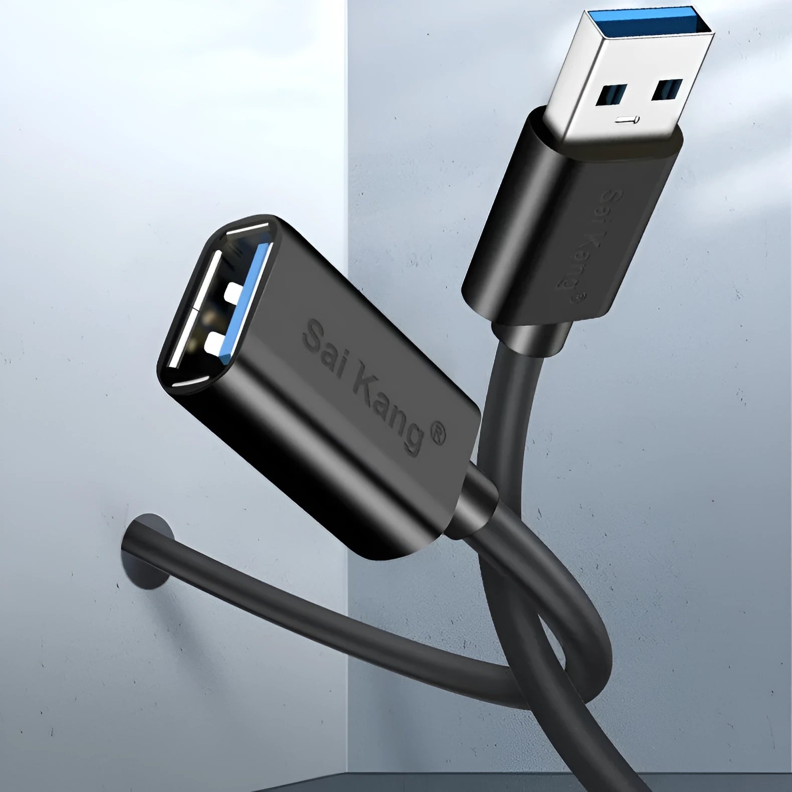 Black USB extension cable with male and female connectors showing length options from 1 to 5 metres