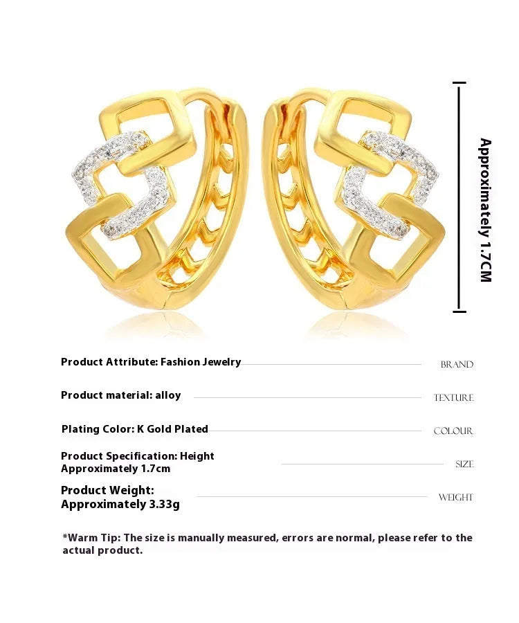 Geometric hollow-out gold electroplated alloy drop earrings with colour separation ear clip
