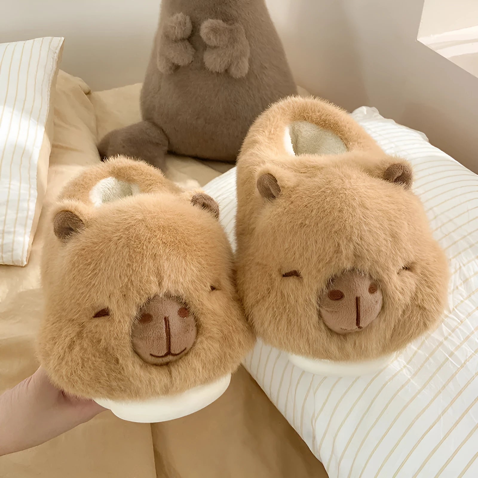 Light brown women's winter slippers with cartoon pattern, plush cotton upper and round toe design