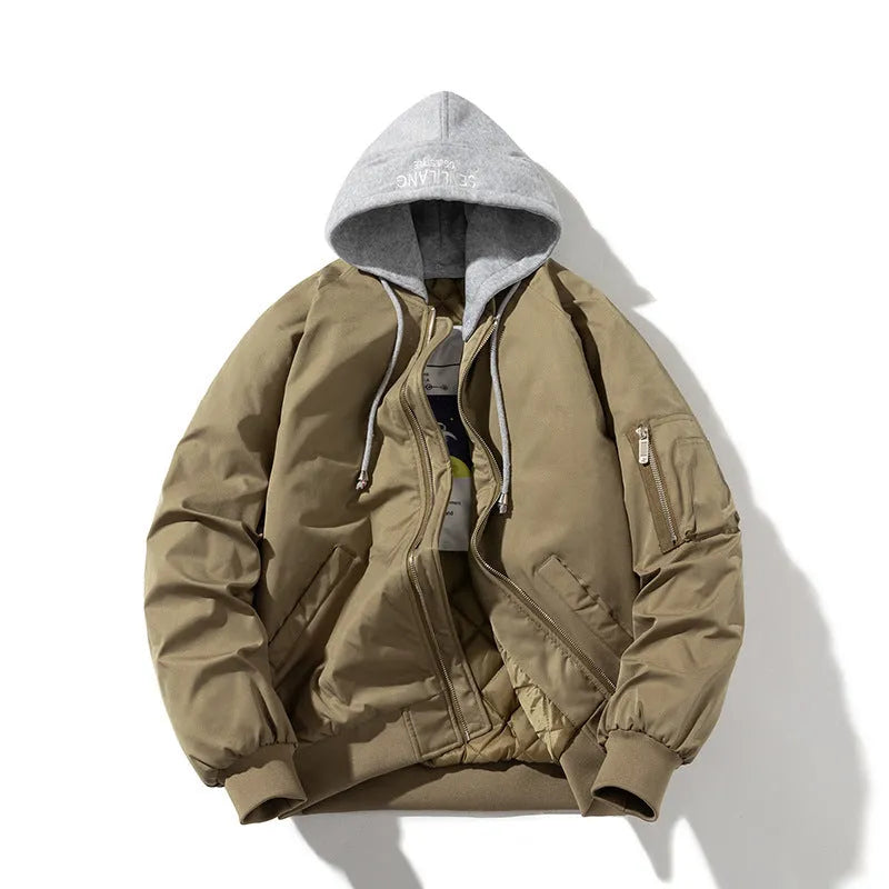 Plus-size loose-fitting pilot jacket in polyester blend fabric available in black, beige, or green colours