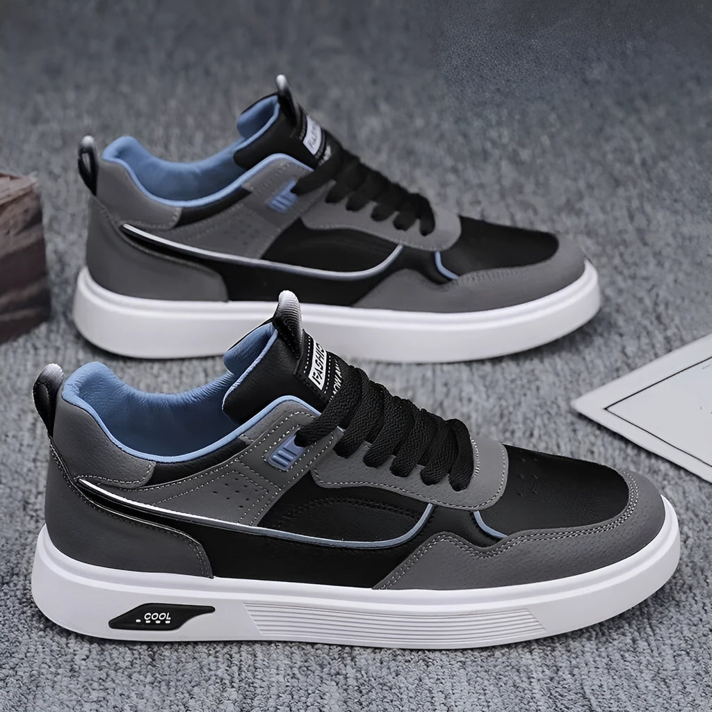 Men's low-top canvas board shoes in beige with leather stitching detail
