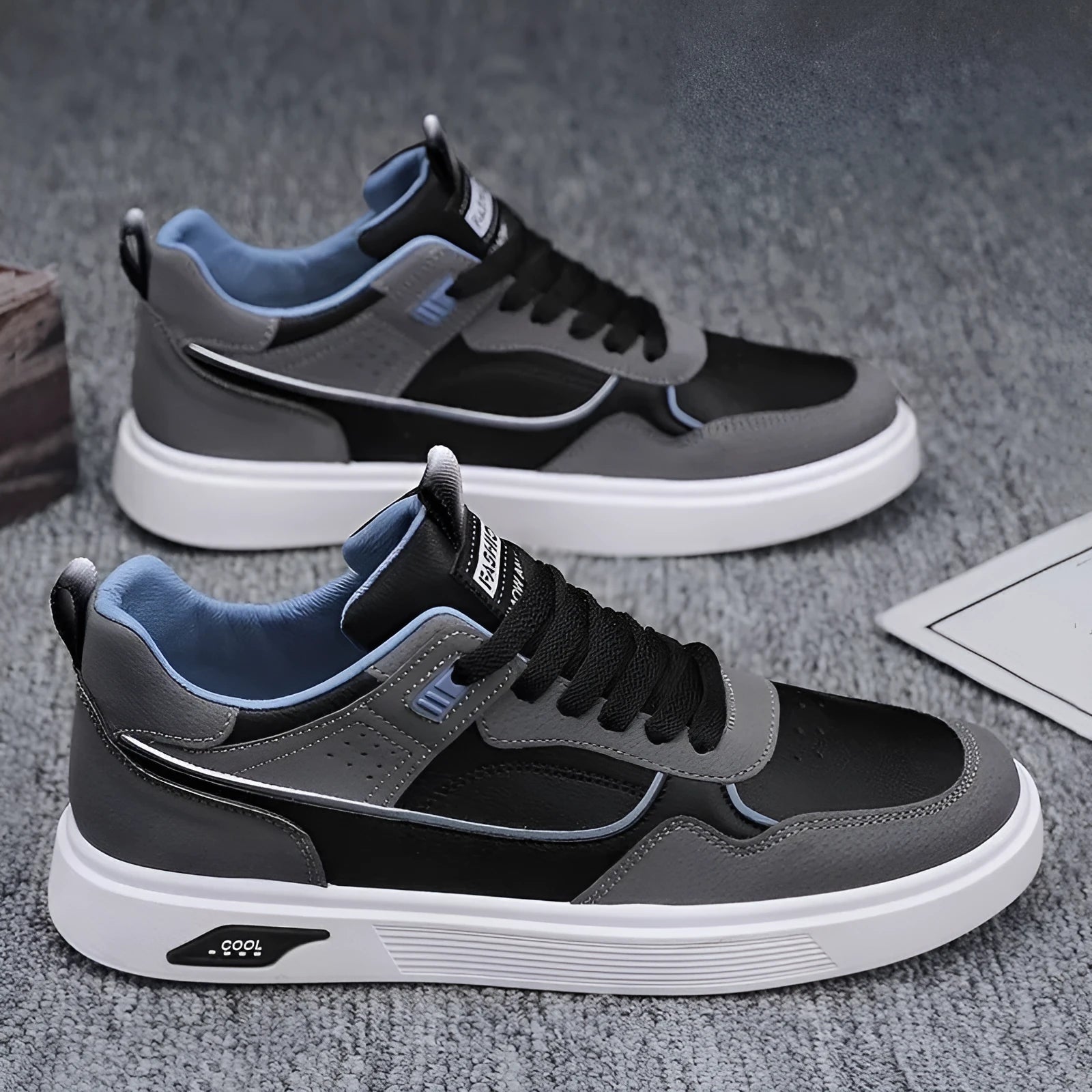Men's low-top canvas board shoes in beige with leather stitching detail