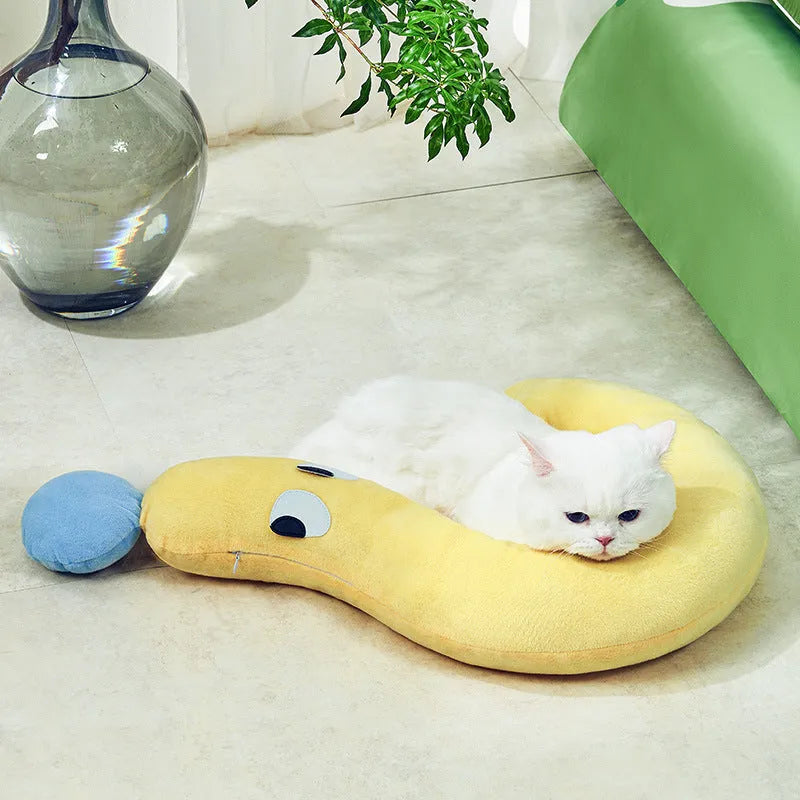 Blue and yellow 62cm by 39cm pet pillow for cats and dogs on light background