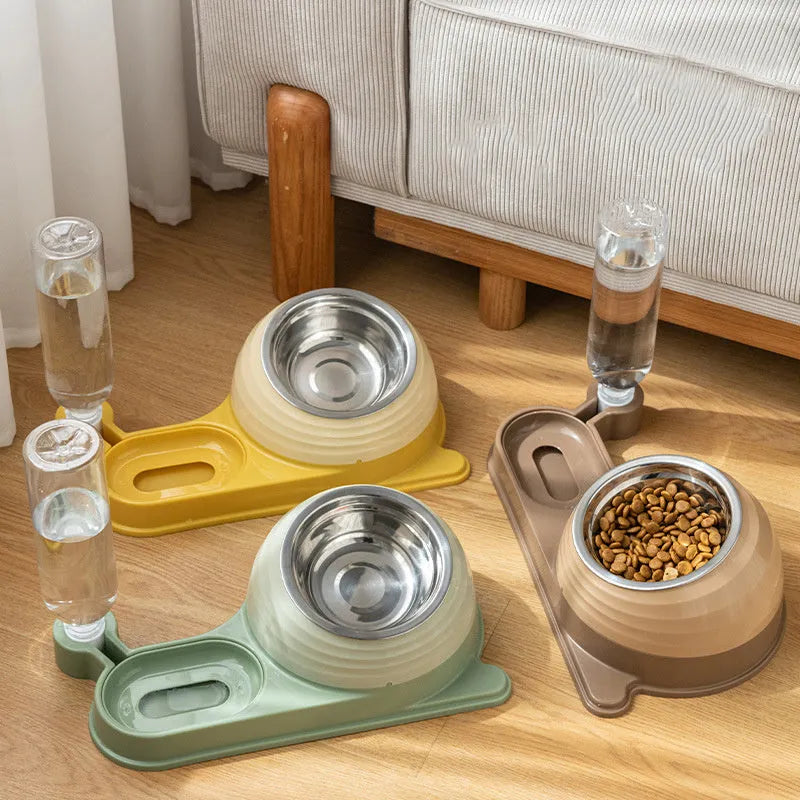 Elevated cat food bowl with automatic water dispenser in brown colour
