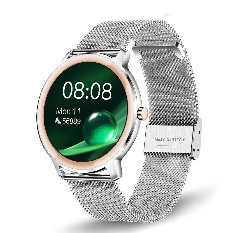 Women's waterproof smart watch with 1.3 inch touchscreen and stainless steel mesh band in rose colour