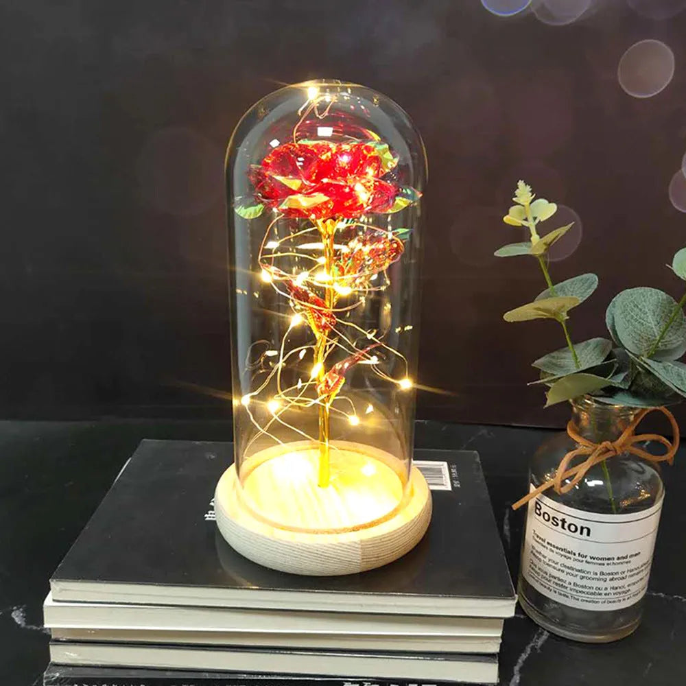 Silk rose bouquet with LED string lights and glass cover for wedding decoration
