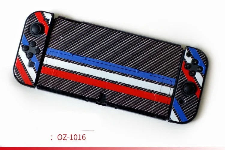 Nintendo Switch OLED hard protective case with cartoon pattern design showing front and back views