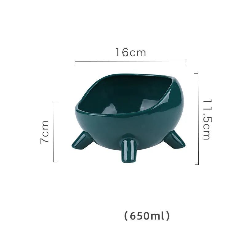 Green ceramic pet bowl with four-legged stable base and wide-mouth design