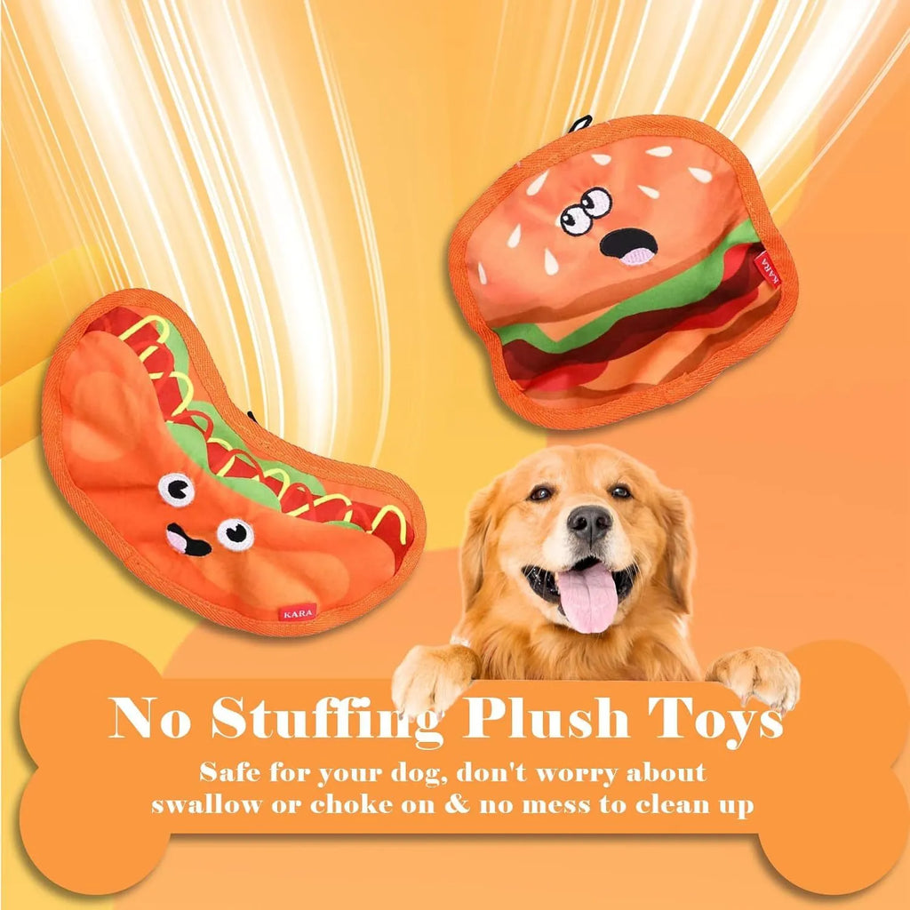 Crinkle and squeaky dog toys in hamburger, fries, hot dog and pizza designs without stuffing
